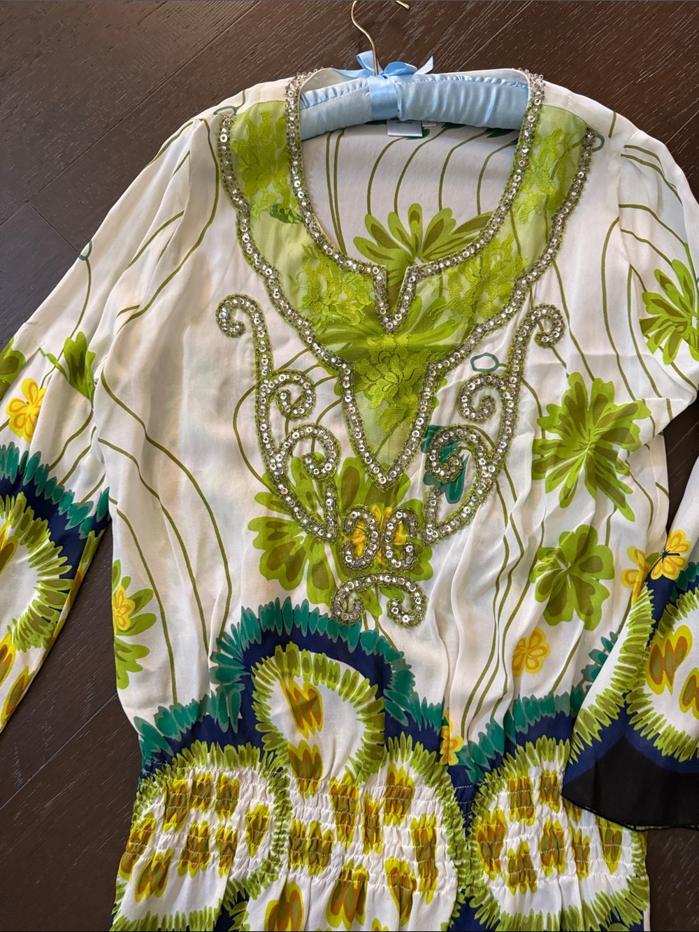 Boston Proper Lime, Teal & White Beaded Floral V-Neck Tunic